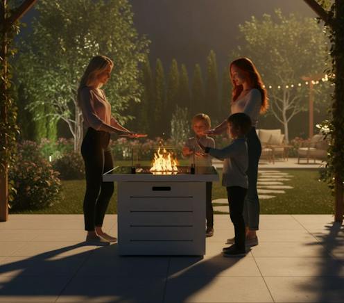 People enjoying an outdoor firepit in an evening garden setting