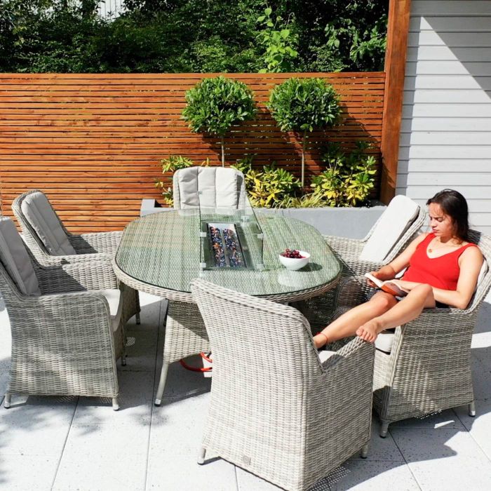 Hamilton 6 Seat Oval Rattan Furniture Set with Gas Fire Pit - Grey main product photo