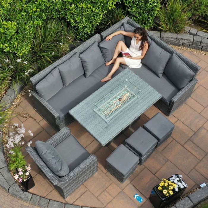 Solana Rattan Corner Firepit Set with Armchair and Rectangular Fire Pit Table main product photo