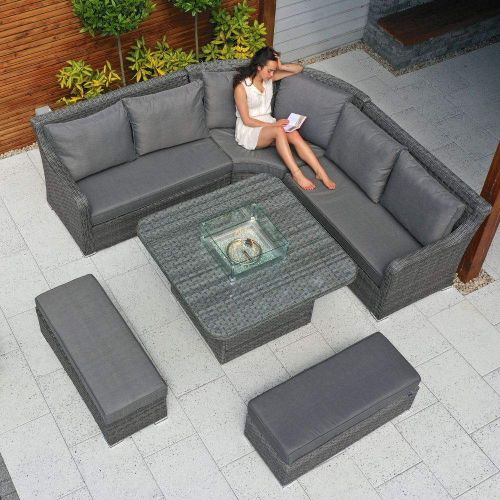 Halifax Gas Firepit Rattan Corner Sofa Set with 2 Benches
