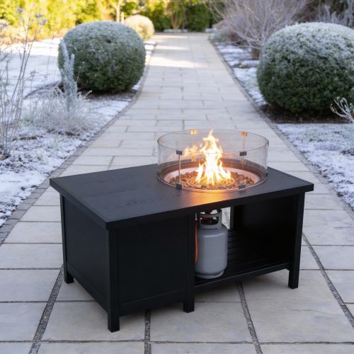 Wood Effect Bronze Rectangular Gas Firepit Table with Glass
