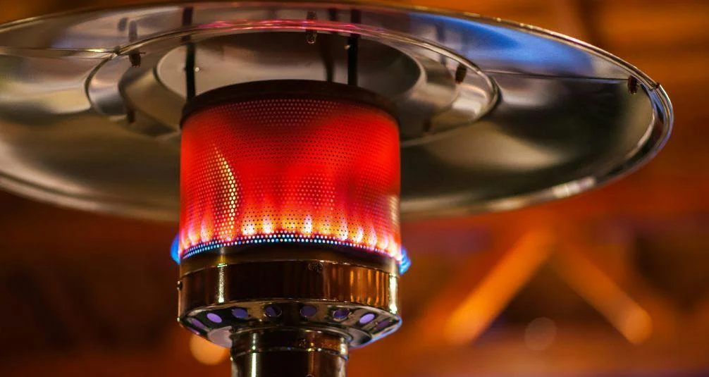 Gas patio heater with red flame